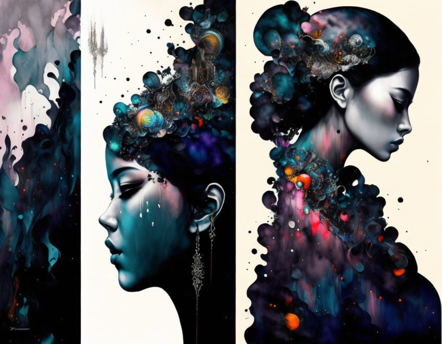 Surreal artwork: Woman with cosmic hair & celestial orbs