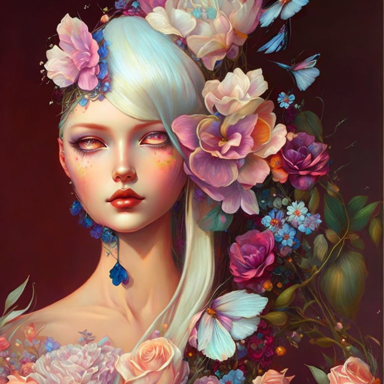 Pale-skinned woman with white hair and red eyes wearing a crown of colorful flowers.