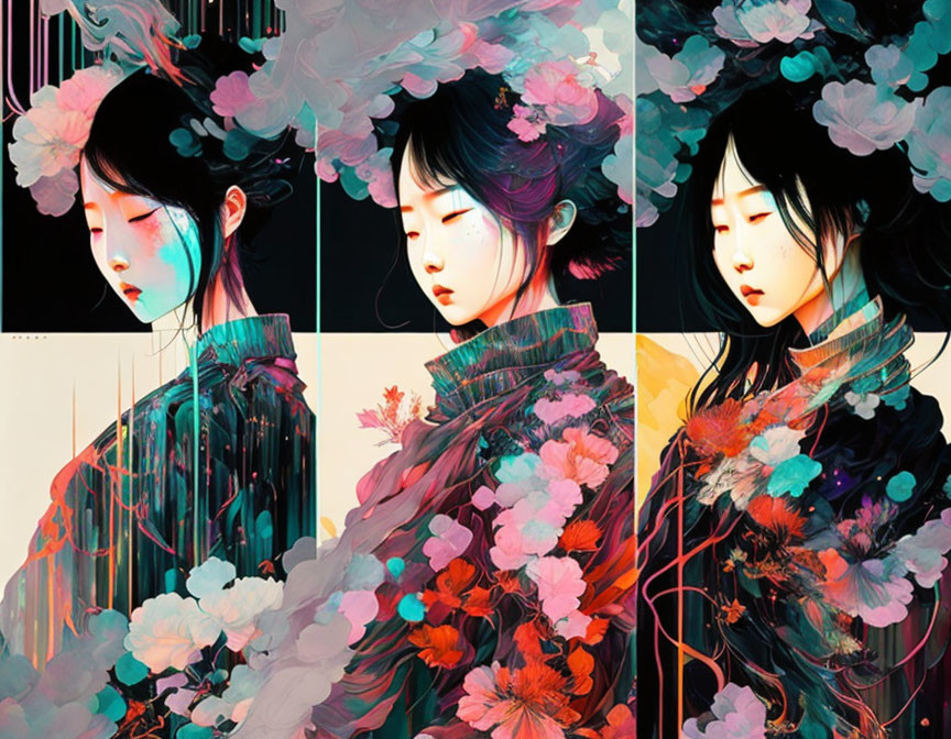 Stylized digital portraits of a serene woman with floral elements