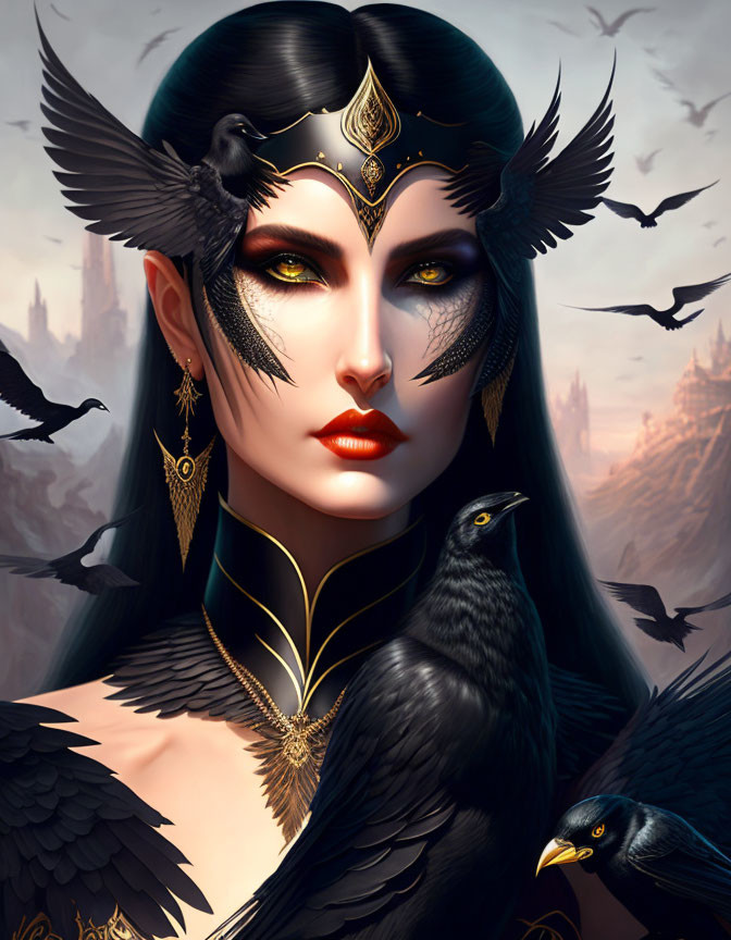 Female figure with pale skin, black feathered headdress, golden jewelry, two ravens, castle