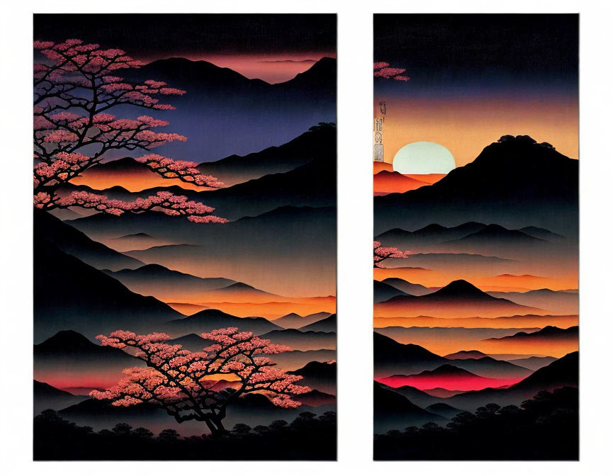 Diptych of East Asian-style landscapes: mountains, pink blossoming trees, twilight sky