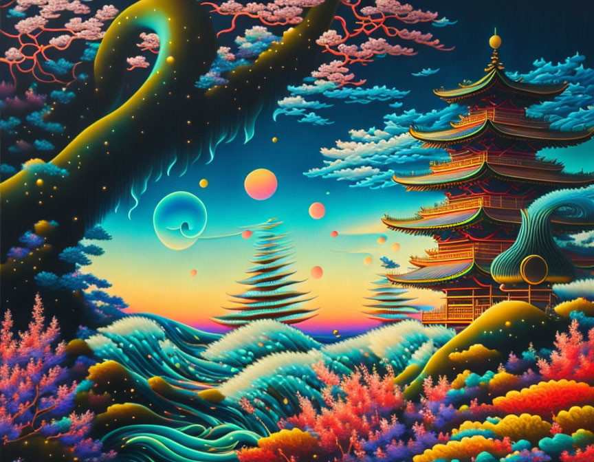 Colorful Pagoda in Twilight Sky with Swirling Skies and Luminous Orbs