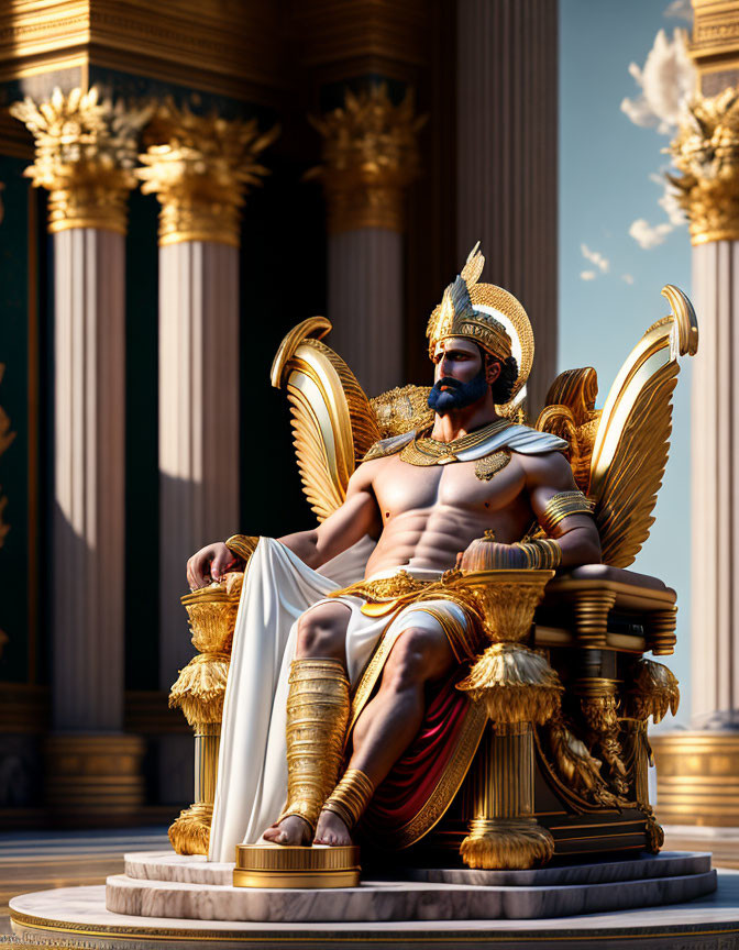 Bearded figure on golden throne in grand hall