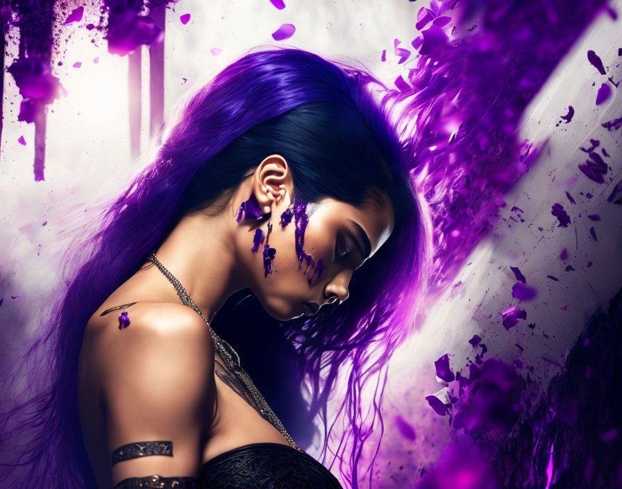 Vibrant Purple Hair and Makeup in Dynamic Pose