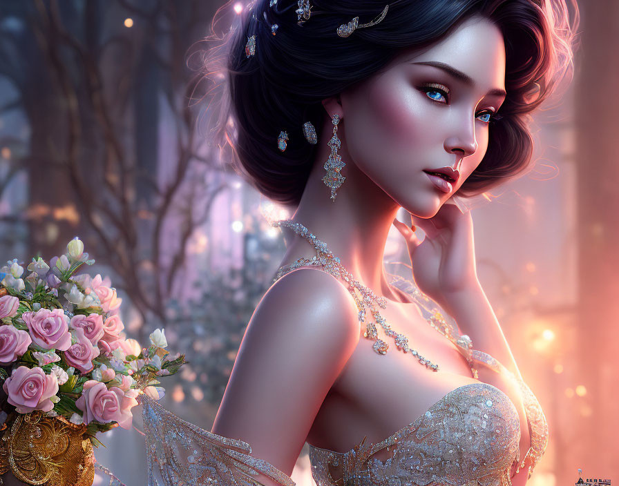 Stylized elegant woman in detailed gown with bouquet in dreamlike setting