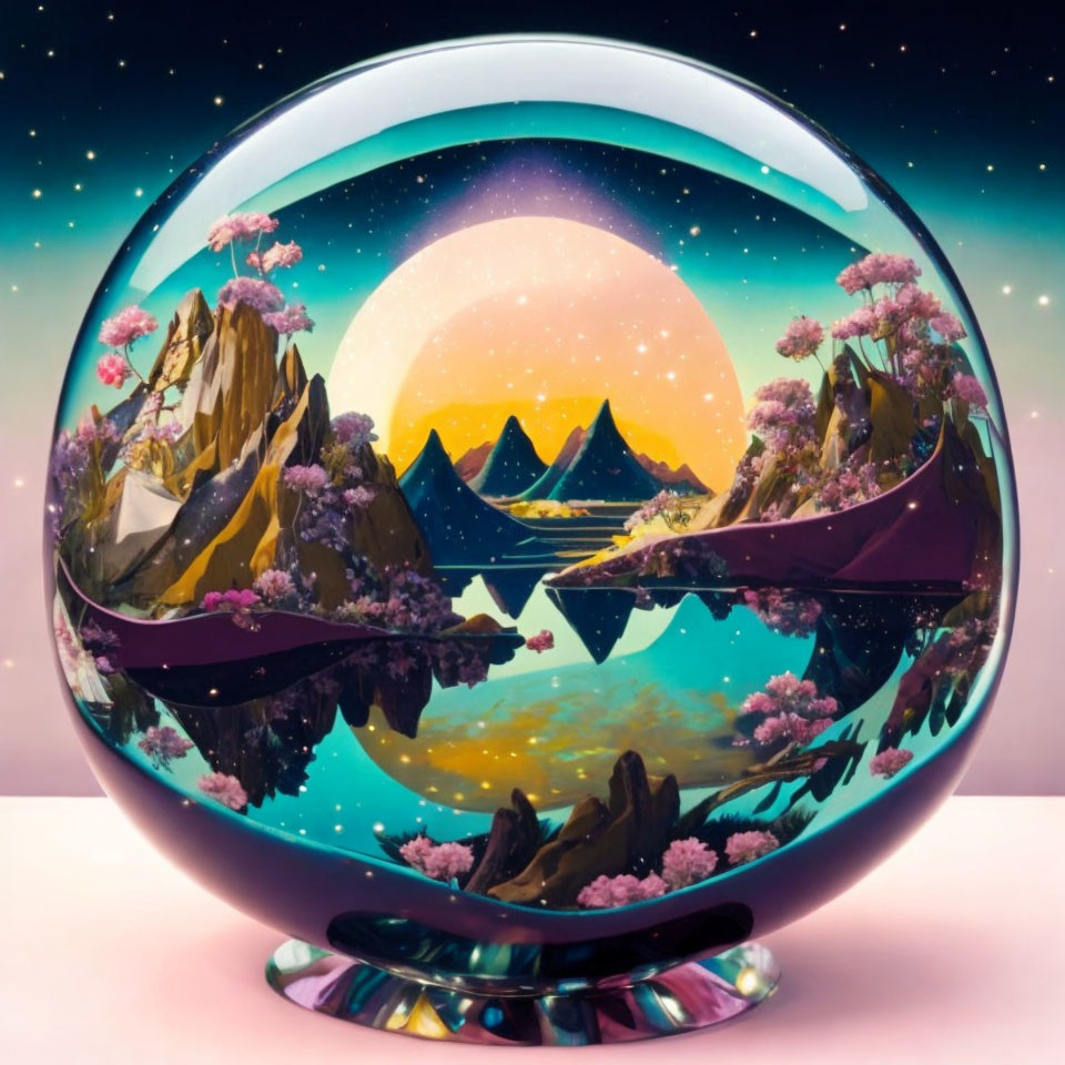 Colorful crystal ball shows surreal mountain landscape with lake, trees, starry sky, and moon.