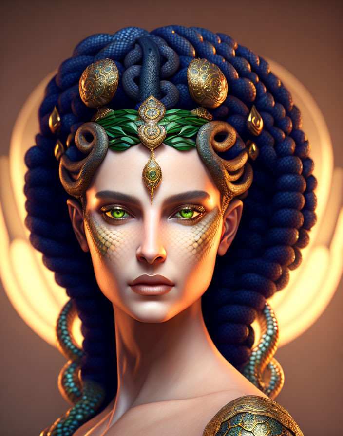 Digital portrait: Woman with serpentine hair, green eyes, and gold jewelry on warm backdrop