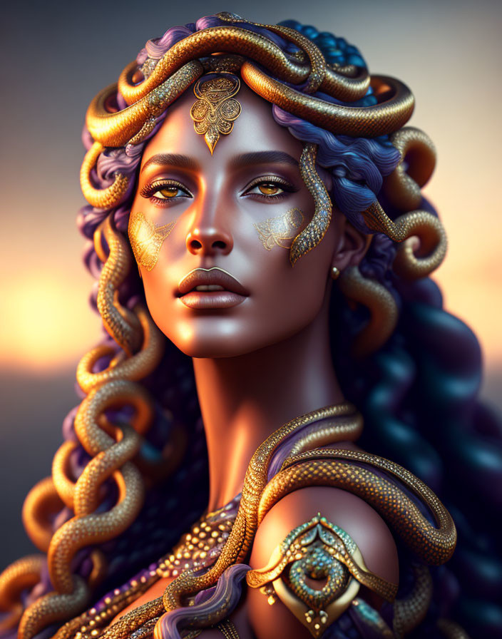 Mythological digital artwork: Woman with golden adornments and serpentine hair