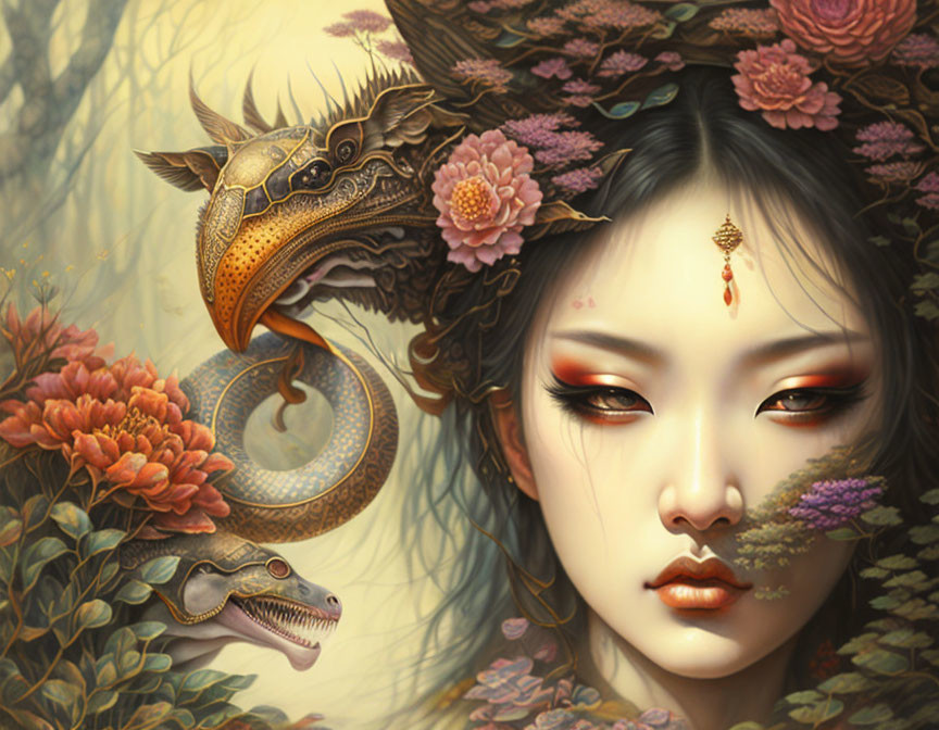 Detailed Asian woman surrounded by flowers and dragon illustration