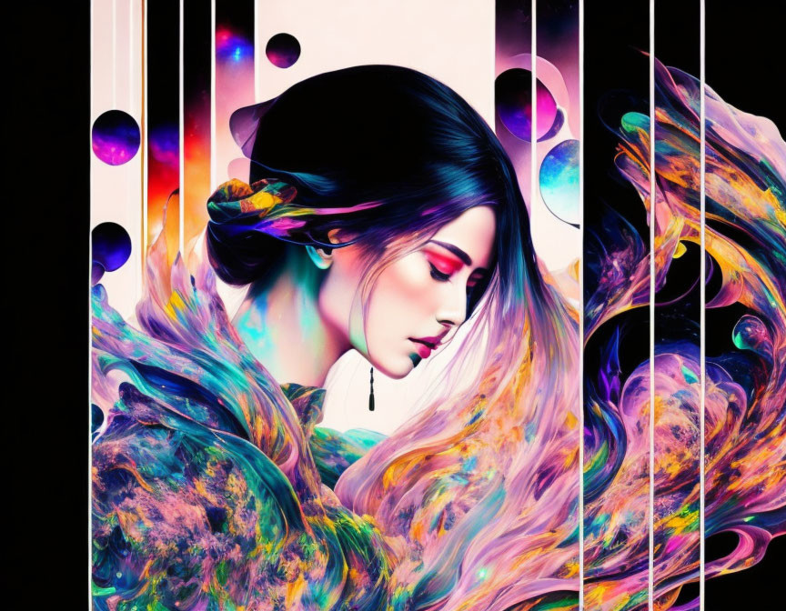 Colorful digital artwork: Woman's profile with flowing hair in abstract background