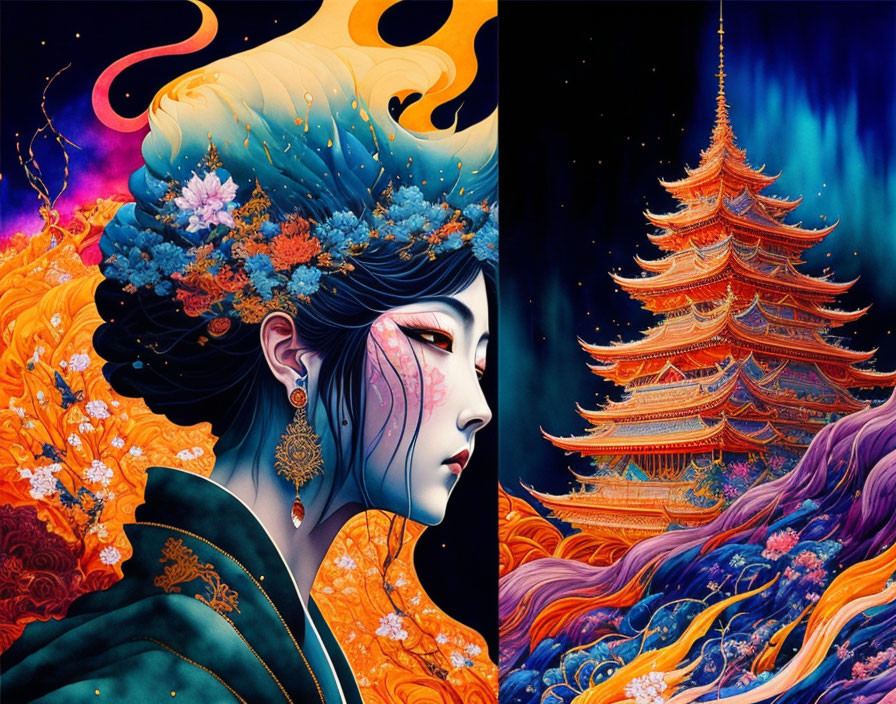 Colorful illustration of woman with hair ornaments & makeup next to detailed pagoda under starry sky