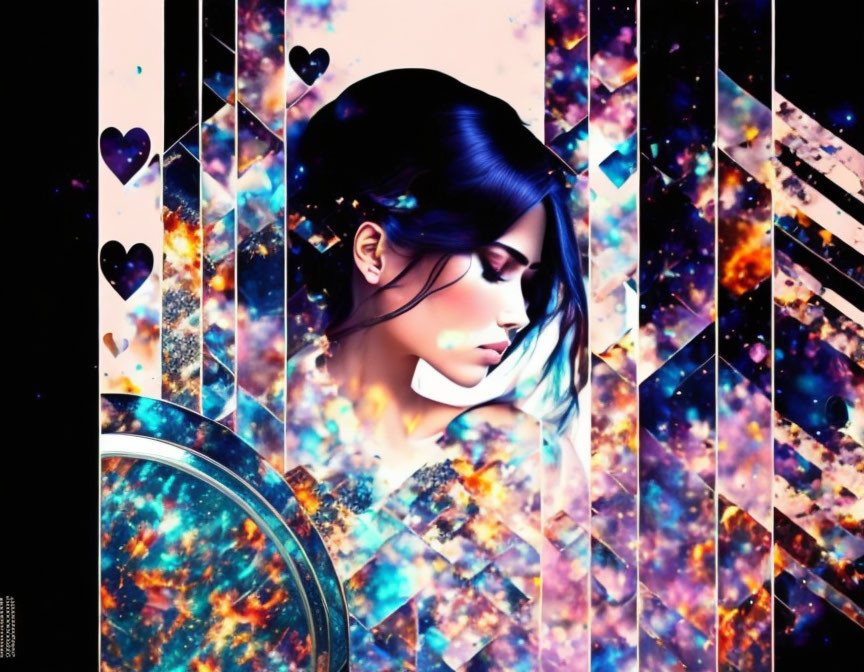 Vibrant cosmic and geometric digital art with woman's profile