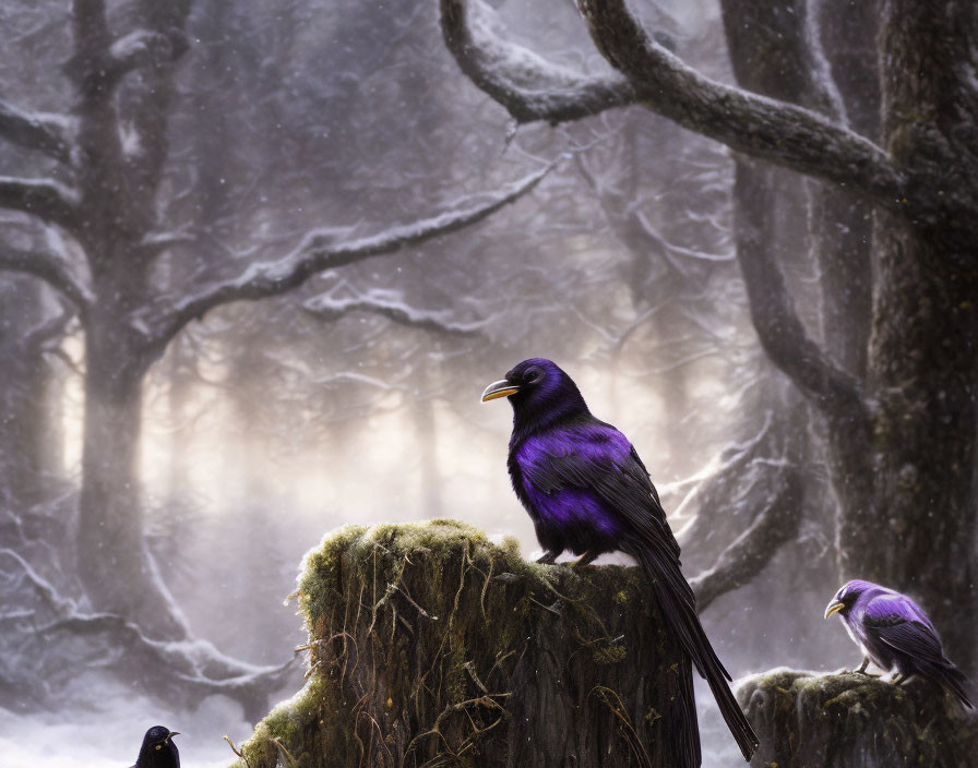 Three ravens on moss-covered stump in snowy forest