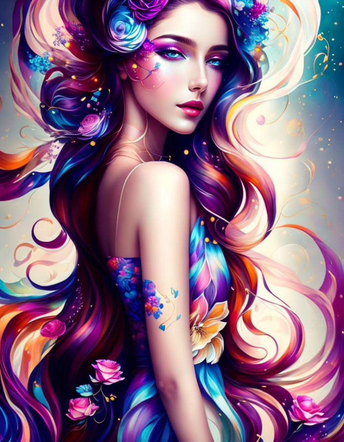 Vibrant woman illustration with colorful hair and floral tattoo