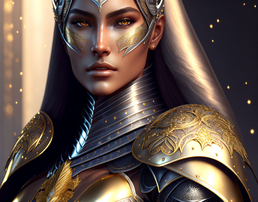 Fantasy-inspired digital illustration of a woman in silver hair and gold armor