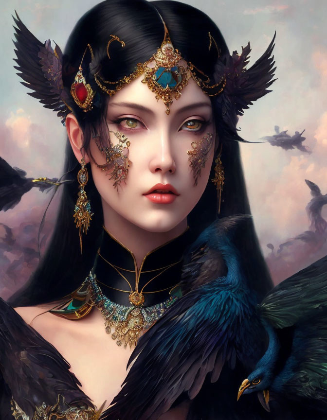 Fantasy portrait of woman with gold jewelry, feathers, and raven.