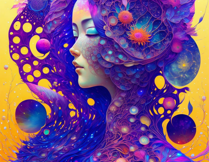 Colorful profile digital art with cosmic and floral elements on yellow background