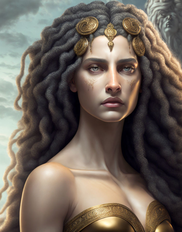 Regal woman with golden headpieces and piercing gaze against cloudy sky.