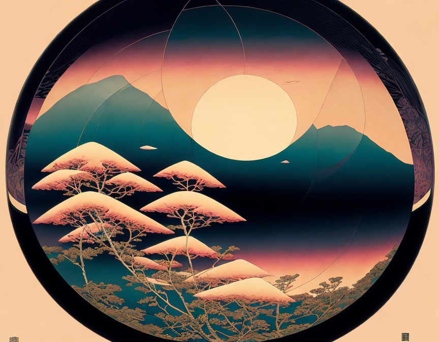 Circular landscape artwork: snowy trees, mountains, sun/moon, birds in warm-toned sky