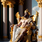 Bearded figure on golden throne in grand hall