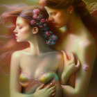 Ethereal women with flowers holding iridescent spheres