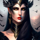 Female figure with pale skin, black feathered headdress, golden jewelry, two ravens, castle