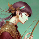 Female elf with purple hair and ornate bow on teal background