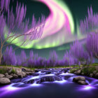 Fantasy landscape with purple flora and aurora borealis over tranquil stream