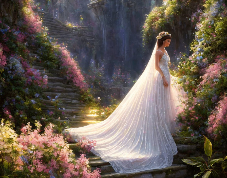 Bride in white gown with floral crown in sunlit forest pathway