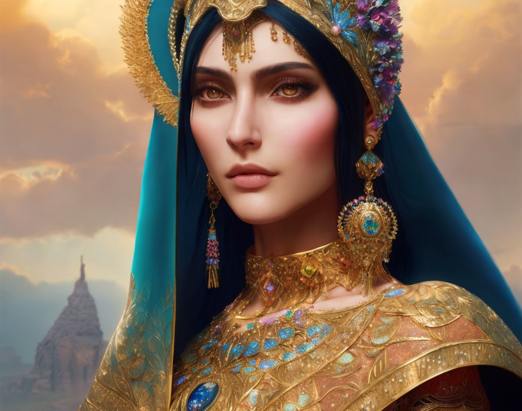 Digital Artwork: Woman in Blue Apparel with Gold Jewelry in Mystical Landscape