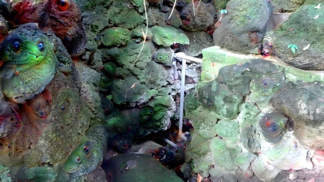 passage between damp moss-covered rocks