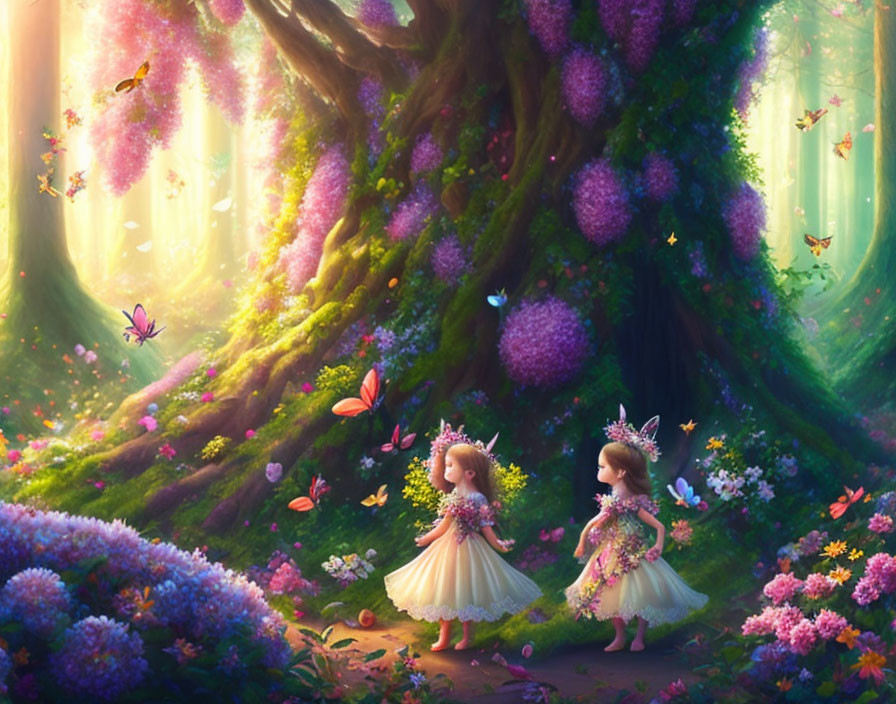 Two girls in fairy costumes in a magical forest with vibrant flowers and butterflies