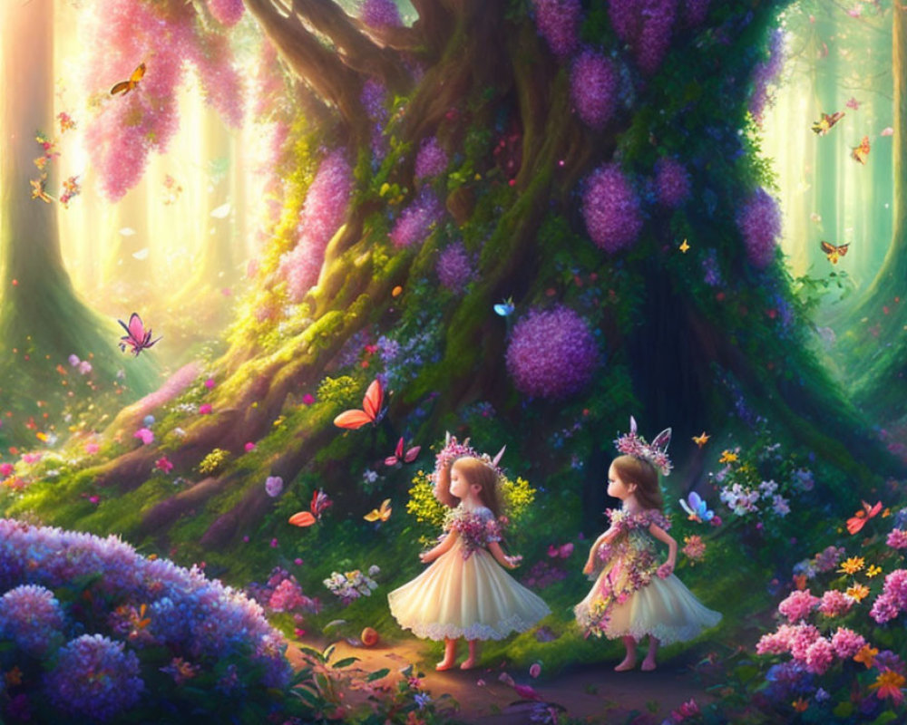 Two girls in fairy costumes in a magical forest with vibrant flowers and butterflies