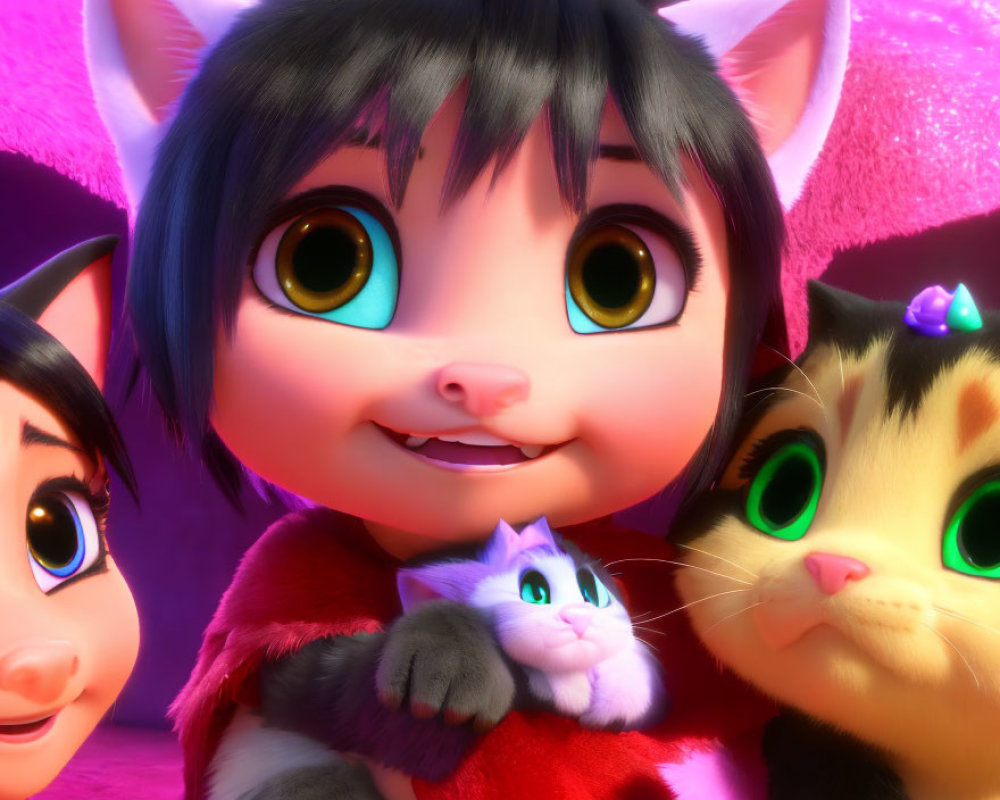 Colorful Stylized Animated Characters with Cat Features Smiling