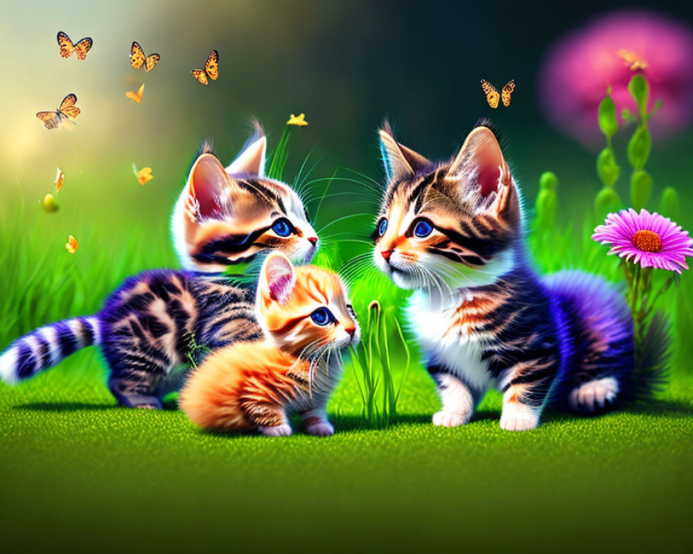 Colorful Kittens with Butterflies and Flowers on Green Background