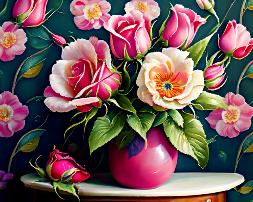 Colorful floral painting with pink flowers in magenta vase on wooden surface