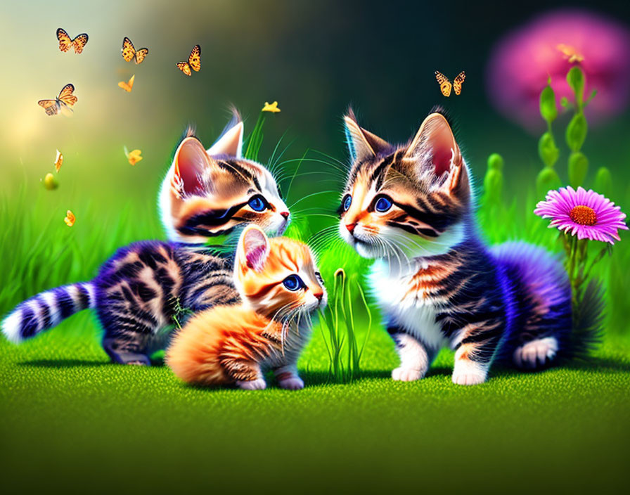 Colorful Kittens with Butterflies and Flowers on Green Background