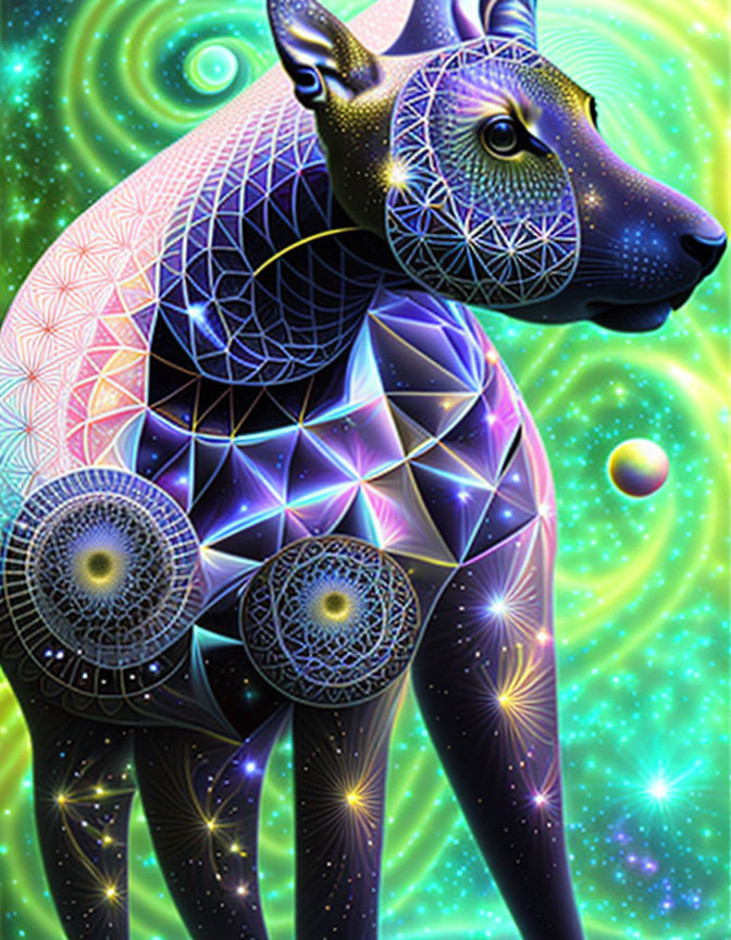 Colorful geometric deer in cosmic-themed digital art