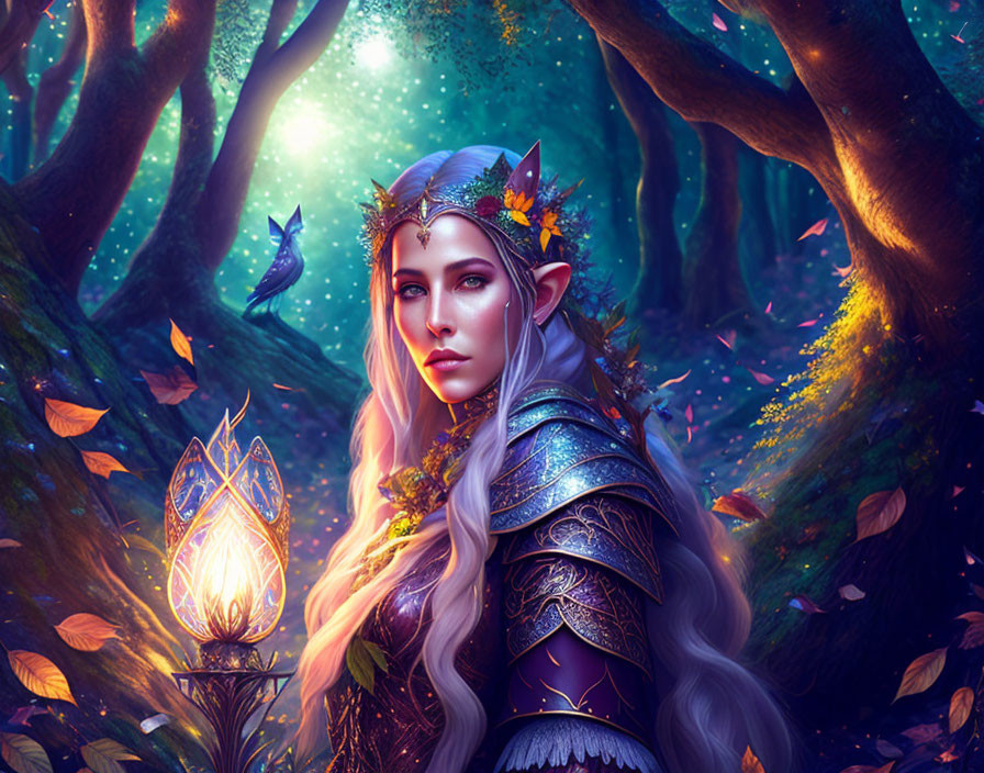 Silver-haired elven woman in intricate armor in enchanted forest with glowing lantern and bluebird