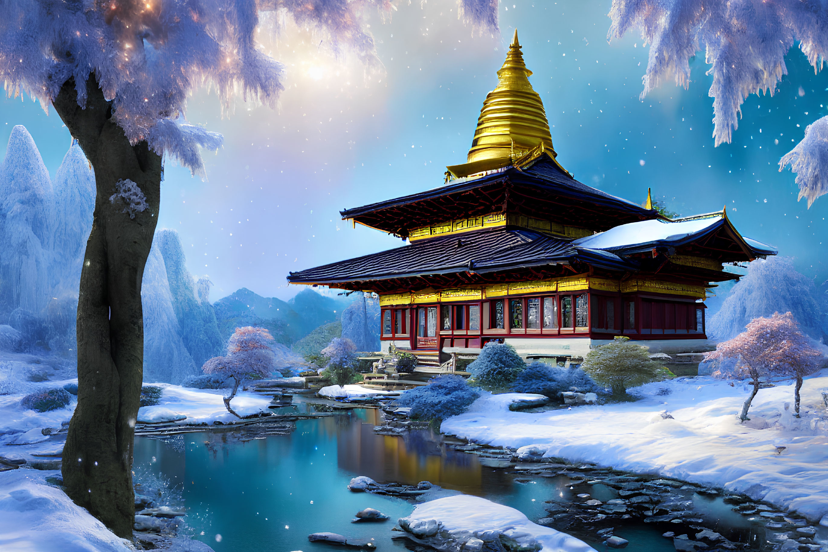 Asian Temple with Golden Pagoda Roof in Snowy Landscape and Cherry Blossoms