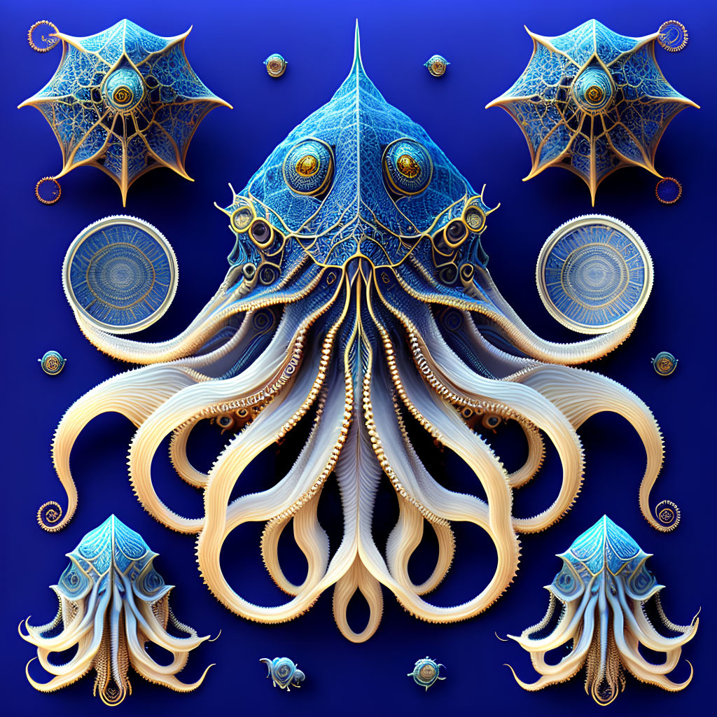 Surreal octopus illustration with ornate skin and tentacles on deep blue background