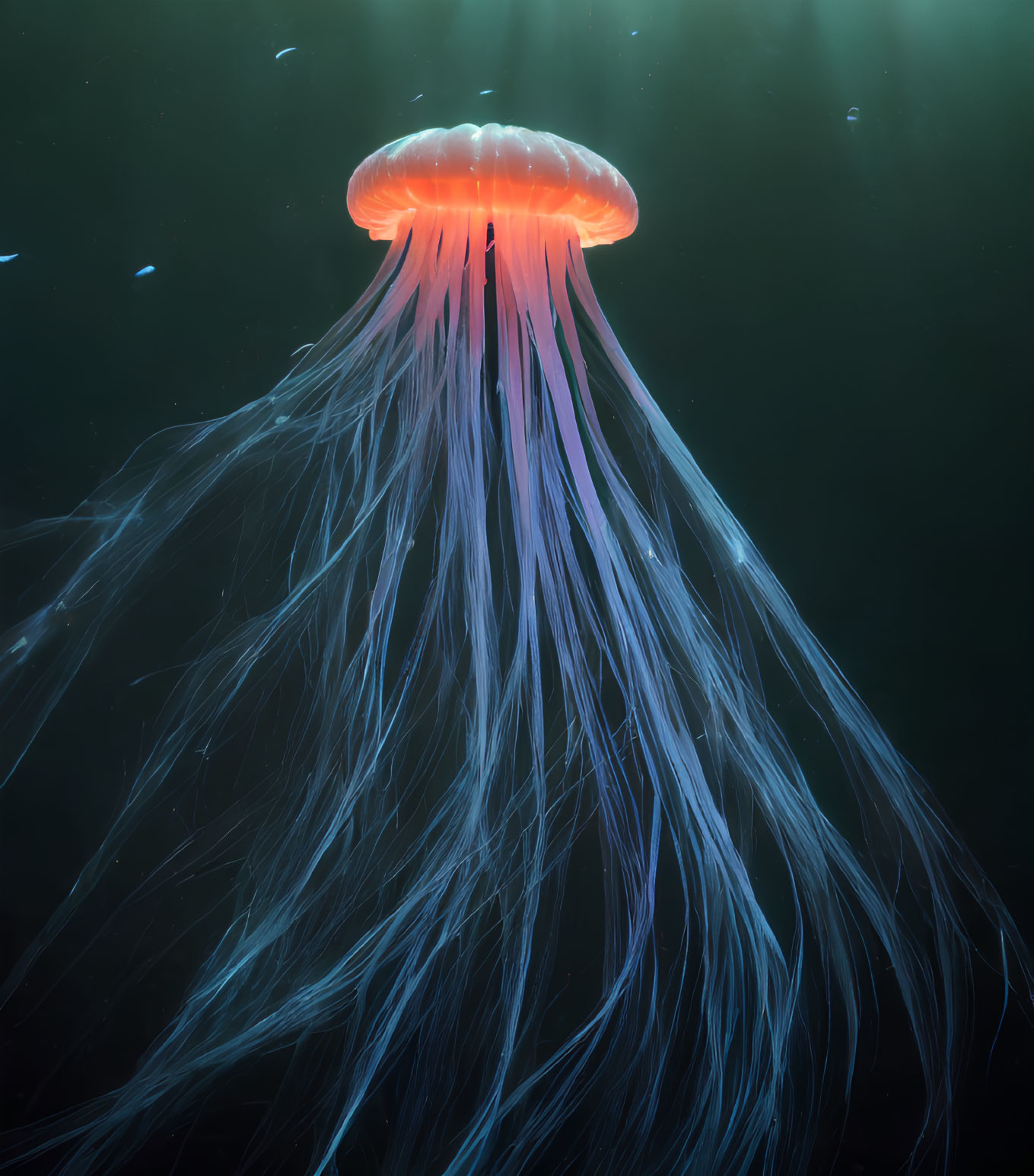 Luminous orange jellyfish with long tentacles in dark blue oceanic backdrop