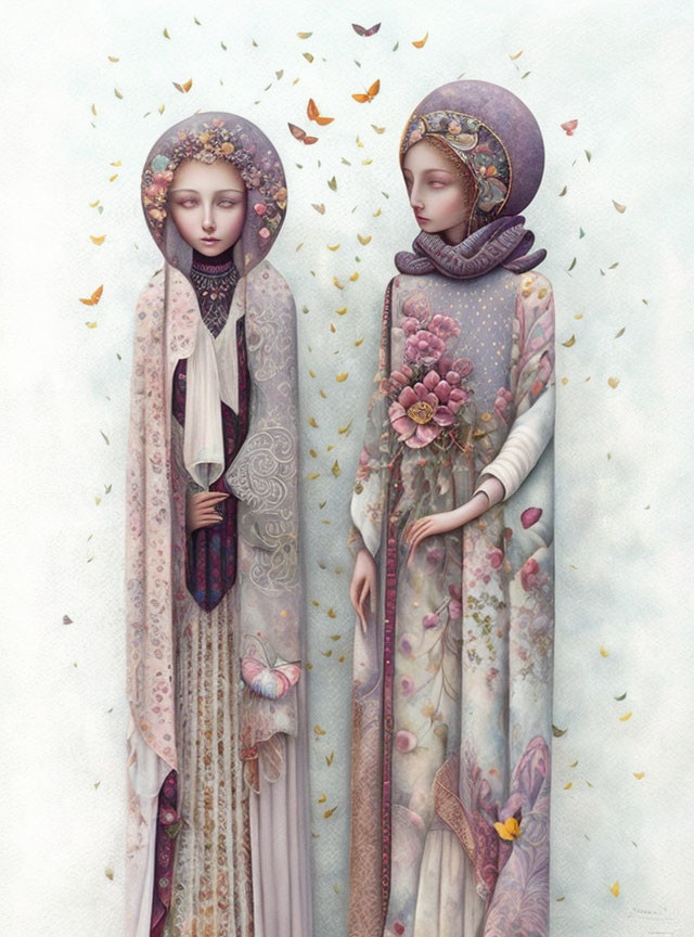 Ethereal figures in ornate garments with pastel colors and butterflies