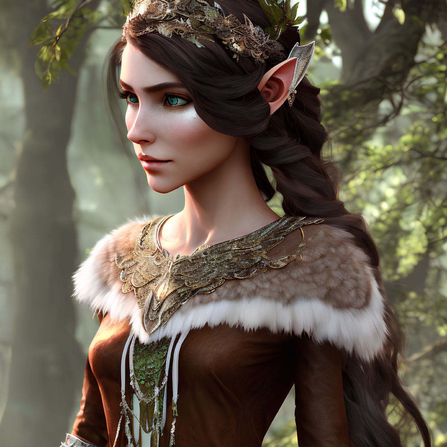 Female elf digital artwork with pointed ears, crown, and cloak in forest.