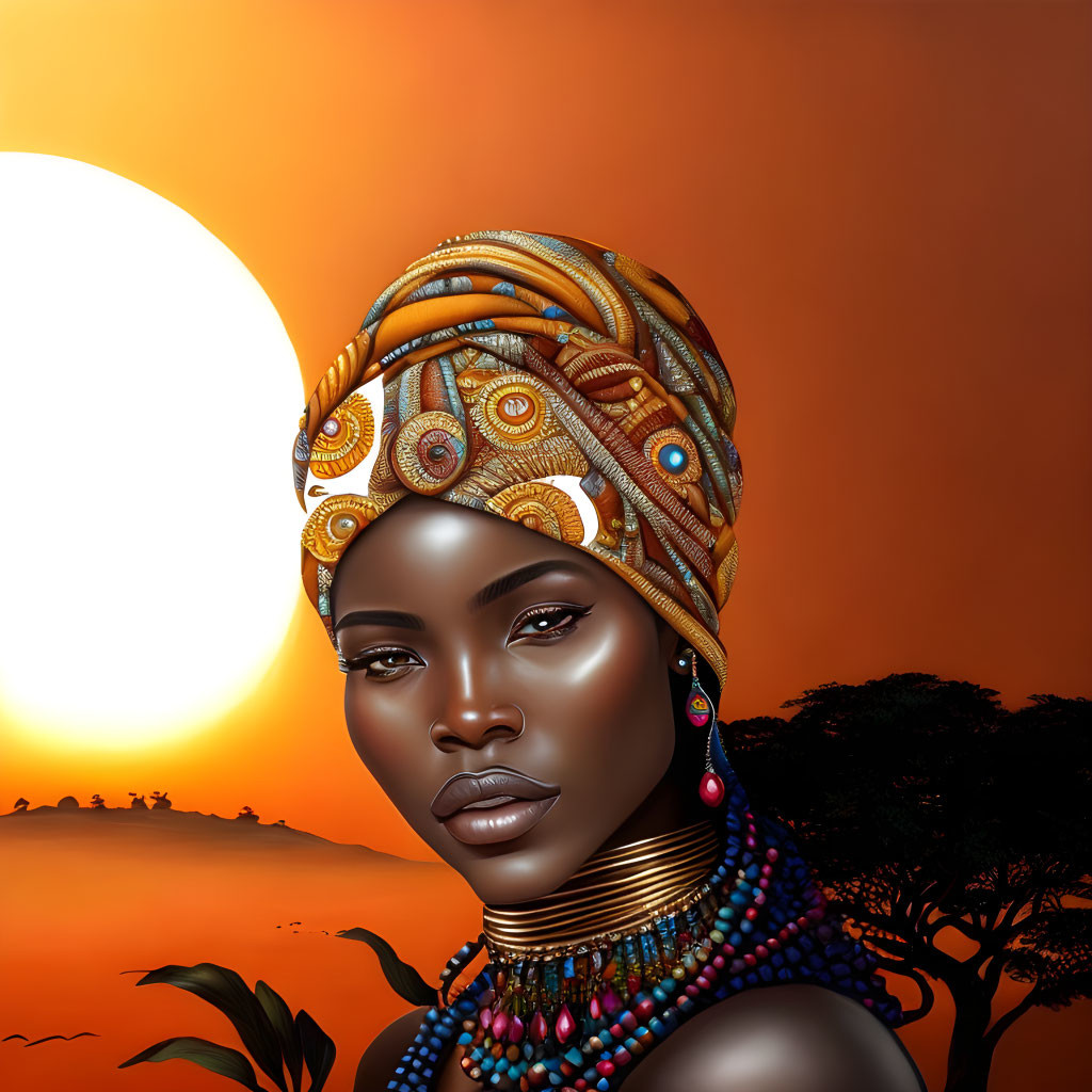 Colorful Headwrap Woman Portrait Against Orange Sunset with Trees Silhouette