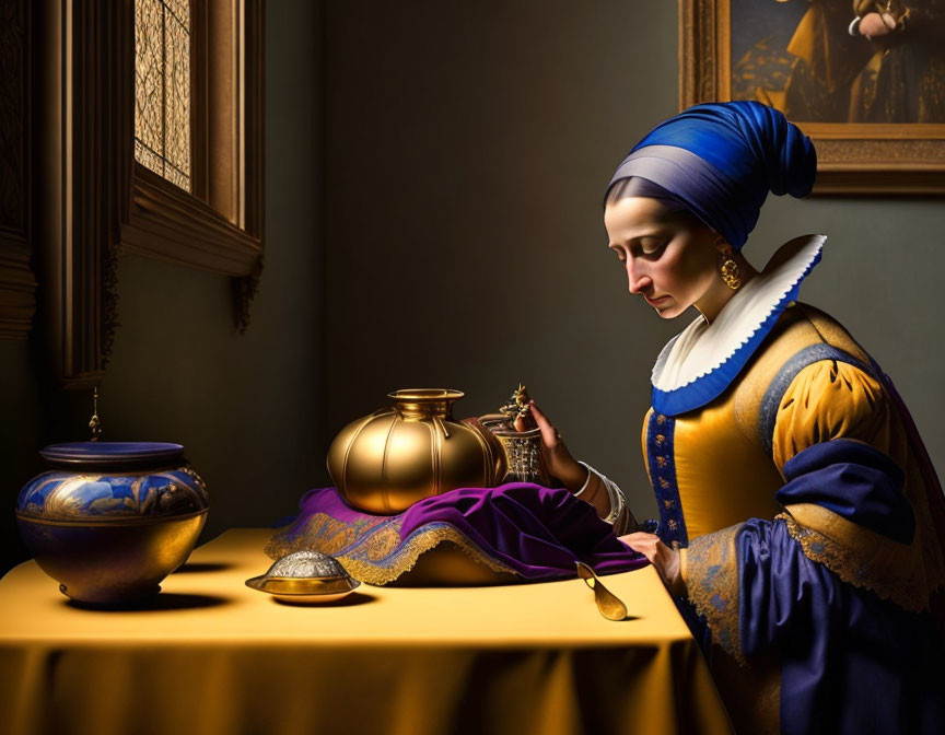 Woman in Blue Headscarf and Yellow Dress with Pearl Necklace at Table with Gold and Ceramic Vess