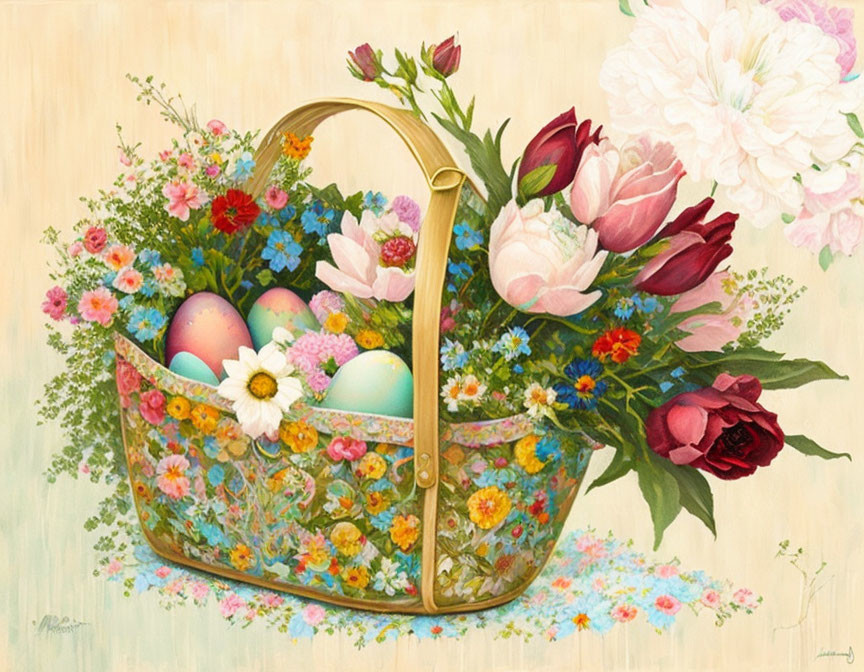 Translucent basket with Easter eggs and spring flowers on pale background