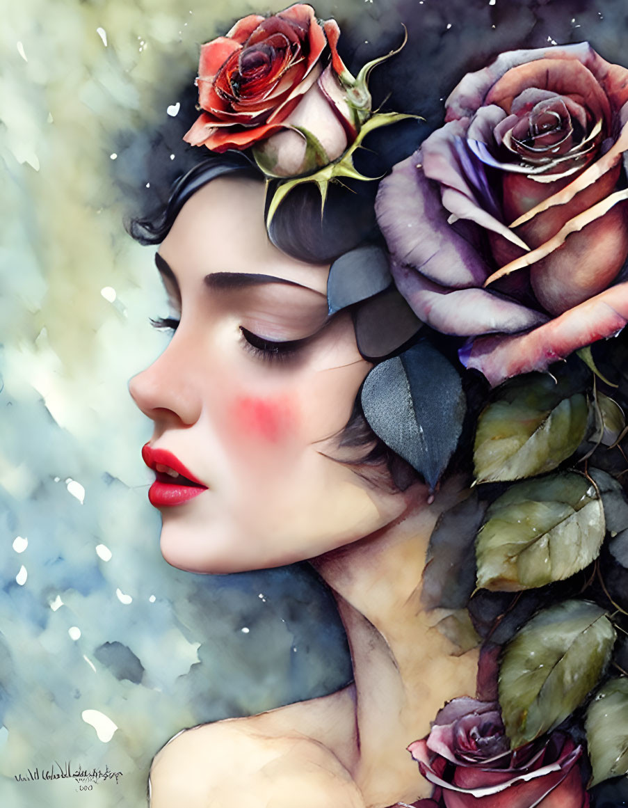 Woman with Stylized Makeup and Roses in Hair on Cool-Toned Background