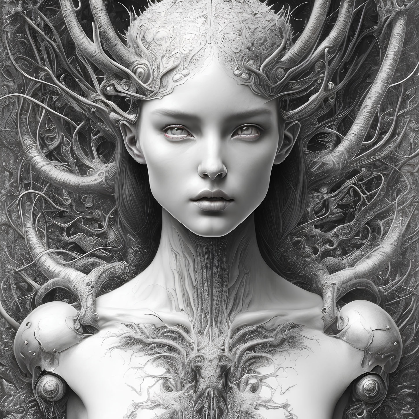 Monochromatic fantasy art of a woman with intricate antler-like branches and textured details