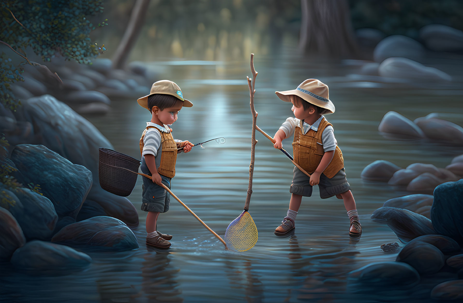 Vintage animated children fishing by serene river